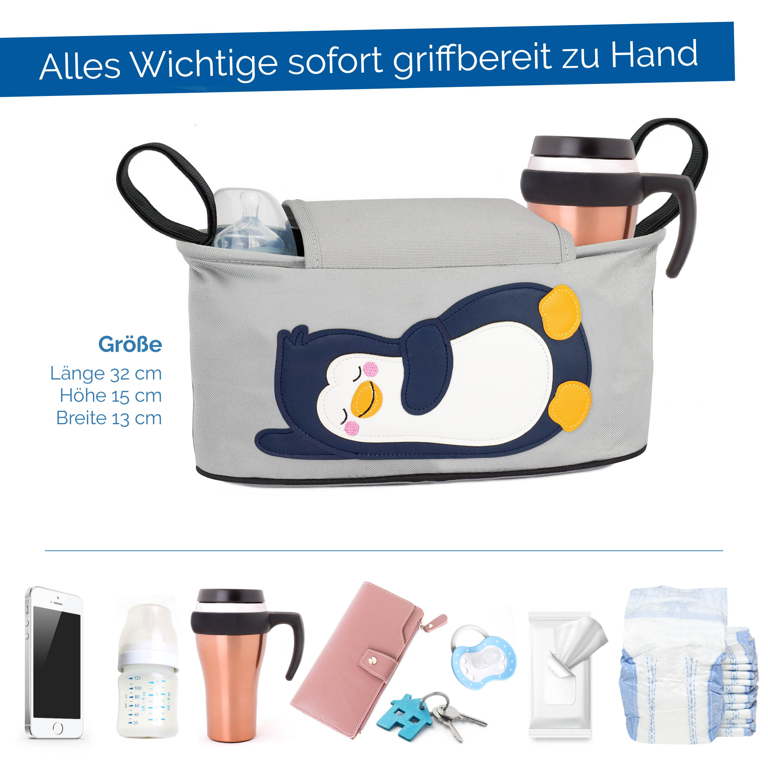 gl-ckswolke-kinderwagen-organizer-pinguin-tasche-grau-32x15cm image 3