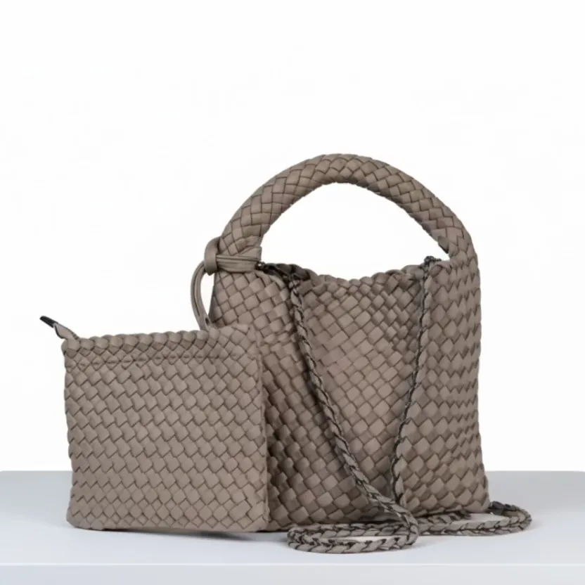 neopren-handtasche-taupe-geflochten-klein-magnetverschluss image 1