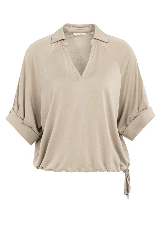 yaya-jersey-oberteil-zierfalten-v-ausschnitt-shirt-taupe image 2