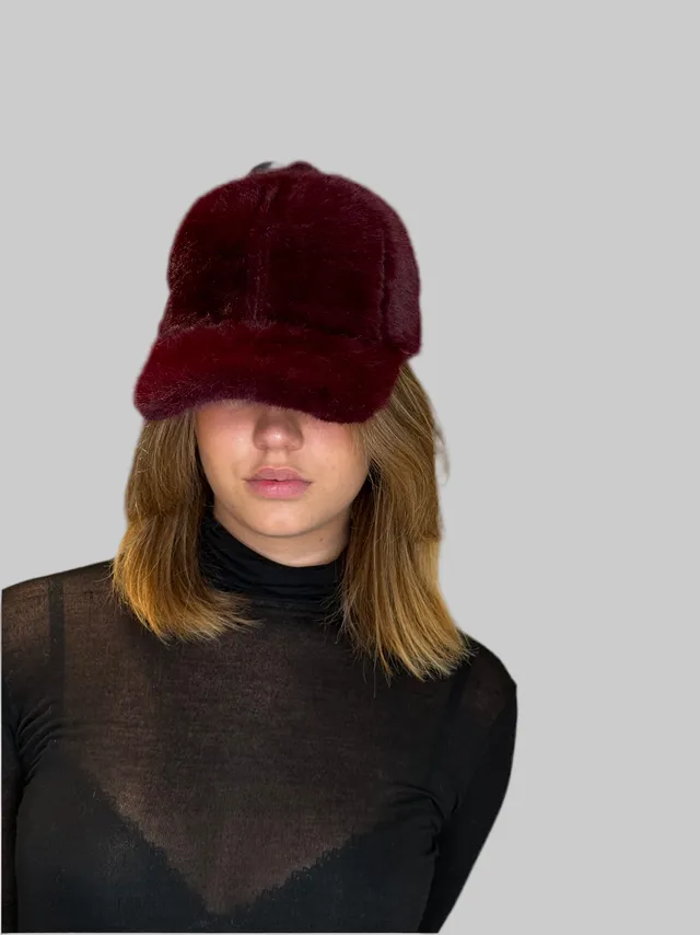 kunstfell-baseball-cap-damen-bordeauxrot-verstellbar-winter image 1